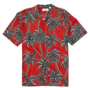 NEW Caribbean Men's Red Silk Blend Red Palm Tree Short-Sleeve Woven Shirt Large